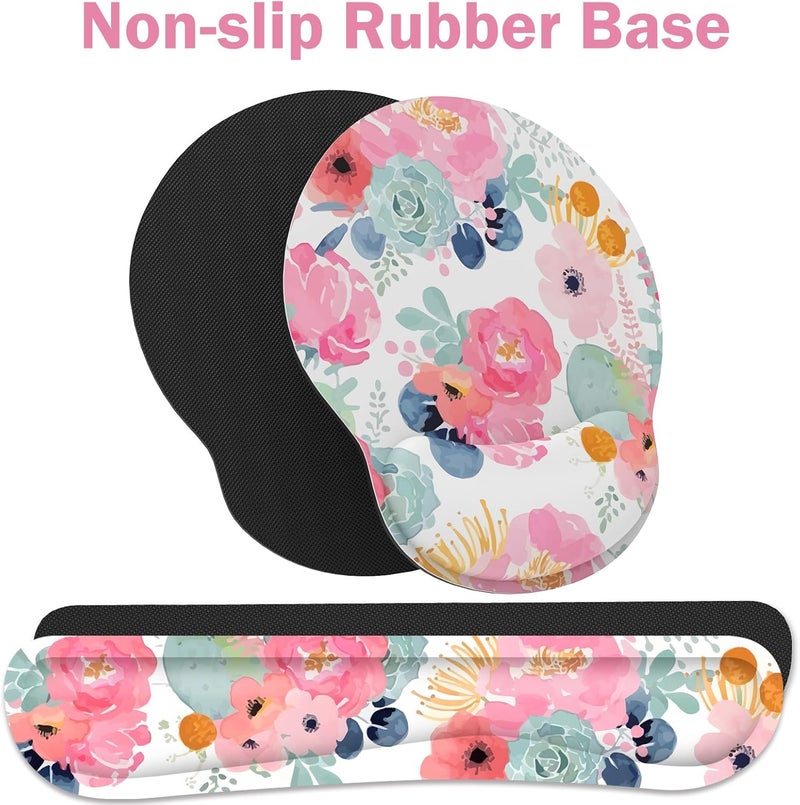 JIGOO Ergonomic Mouse Pad with Wrist Rest and Keyboard Wrist Rest, Mousepad and Wrist Rest for Computer Keyboard, Pain Relief, Non-Slip Rubber Base, Mouse Pad Wrist Support for Gaming, Office, Pink Flower - Image 4